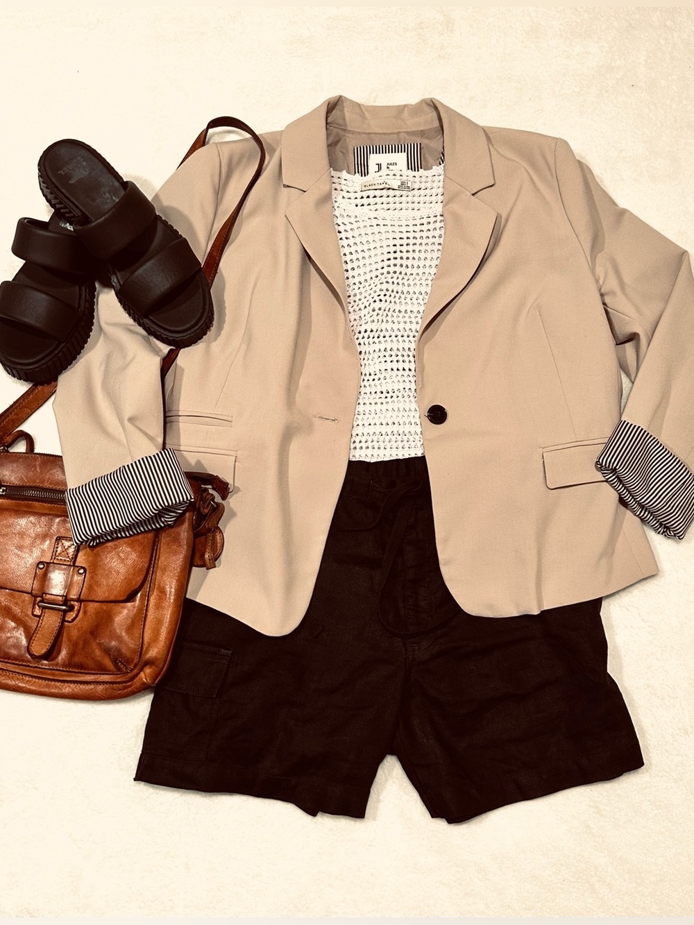 Jules & Leopold Blazer Women’s L Beige Single-Button Striped Cuffs Minimalist